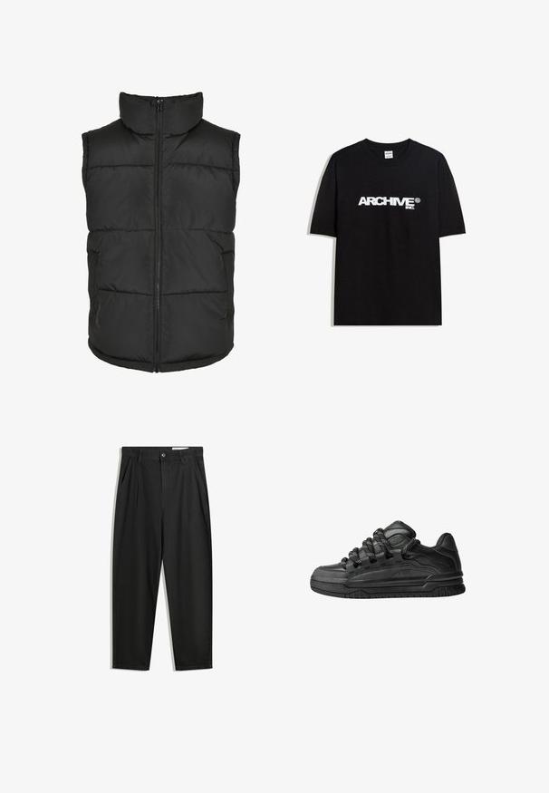 Crni jakni prsluk s visokim ovratnikom, prednjim patentnim zatvaračem i bez rukava. Ima kviltane dijelove i bočne džepove za praktičnost.; Crna pamučna majica s bijelim 'ARCHIVE inc.' logotipom preko prsa, kratkim rukavima i okruglim izrezom.; Crne pamučne hlače s opuštenim krojem, s klasičnim pojasom, prednjim nabranjima i bočnim džepovima. Glatka tekstura bez uzoraka.; Crne tenisice s glatkom kožnom gornjom površinom, teksturiranim detaljima i okruglim crnim i bijelim vezicama. Debeli gumeni potplat s uzorkom.