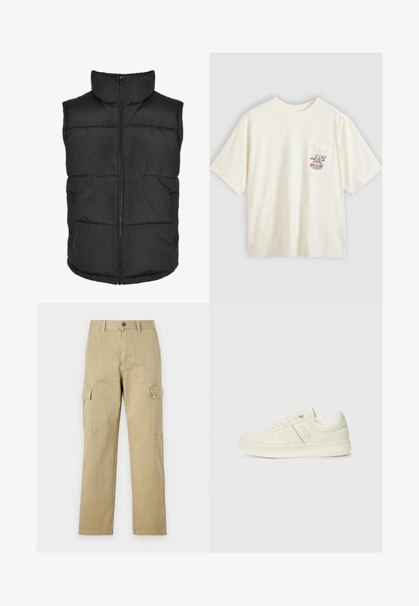 Schwarze gepolsterte Weste mit hohem Kragen, Frontreißverschluss und ohne Ärmel. Verfügt über gesteppten Teile und Taschen an den Seiten für praktische Nutzung.; Off-white Baumwoll-T-Shirt mit kurzen Ärmeln, ausgestattet mit einer linken Brusttasche und bordeauxrotem grafischem Text und Design. Lockerer Schnitt und Rundhalsausschnitt.; Beige Cargo-Hosen aus Baumwolle, mit zwei Seitentaschen, einem Knopfverschluss und geraden Beinen aus einem leicht strukturierten Stoff.; Cremefarbene Sneaker mit perforierten Details, Schnürsenkeln und Logo an der Seite, vor einem schlichten weißen Hintergrund präsentiert.