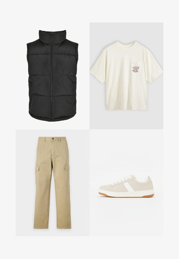 Čierna vypchávkovaná vesta s vysokým golierom, predným zipsom a bez rukávov. Obsahuje prešívané sekcie a bočné vrecká pre praktickosť.; Béžové bavlnené tričko s krátkym rukávom, vybavené ľavým náprsným vreckom a bordovým grafickým textom a dizajnom. Voľný strih a okrúhly výstrih.; Bežové cargo nohavice vyrobené z bavlny, s dvoma bočnými vreckami, zapínaním na gombík a rovným strihom s mierne textúrovanou tkaninou.; béžové tenisky s bielymi akcentmi, zamatová textúra, zaoblený tvar, šnúrkové zapínanie a kontrastná gumová podrážka.