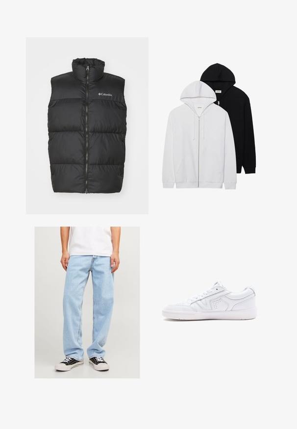 Colete puffer preto com gola alta e fecho dianteiro. Feito de material suave e leve. Apresenta seções acolchoadas horizontais.; Dois sweatshirts com fecho éclair, em preto e branco, com capuzes ajustáveis, bolsos tipo canguru, punhos canelados e textura de tecido suave.; Conjunto de três t-shirts básicas em preto, branco e cinza claro. Mangas curtas, gola redonda, feito de tecido de algodão suave. Logótipo da marca visível.; Calças de ganga de tom azul claro com um ajuste descontraído, apresentando um design de perna reta e costuras padrão, combinadas com ténis pretos.; Sapatilha de couro branca com design de cano baixo, bico redondo, detalhes perfurados e sola texturizada. Inclui atacadores e detalhes de costura subtil.