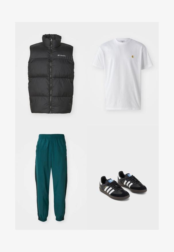 Black puffer vest with high collar and front zipper. Made of smooth, lightweight material. Features horizontal quilted sections.; White cotton t-shirt with short sleeves, crew neck, featuring a small gold logo on the left chest area. Soft texture and regular fit.; Teal athletic pants with a drawstring waist, elastic cuffs, and side black stripes. Made of lightweight fabric, featuring a logo near the hip.; Black sneakers with a suede and synthetic upper, featuring three white stripes, textured rubber sole, and blue logo tag on the tongue.