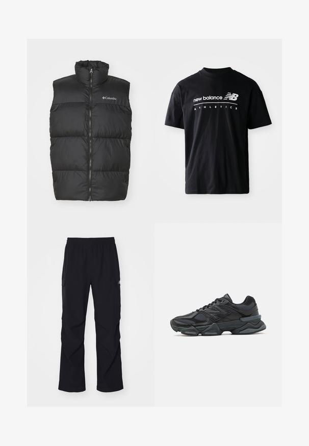 Zwarte puffer-schol met hoge kraag en ritssluiting aan de voorkant. Gemaakt van glad, lichtgewicht materiaal. Beschikt over horizontaal gestikte secties.; Zwarte katoen t-shirt met een ronde hals, korte mouwen en witte tekstgraphics van "new balance" en "ATHLETICS" op de voorkant.; Zwarte cargo broek van lichtgewicht materiaal, met een elastische tailleband, zijzakken en een recht gesneden ontwerp.; Zwarte hardloopschoen met een mix van mesh en synthetische materialen, een stevige zool, gebogen ontwerp en prominente branding op de zijkant.