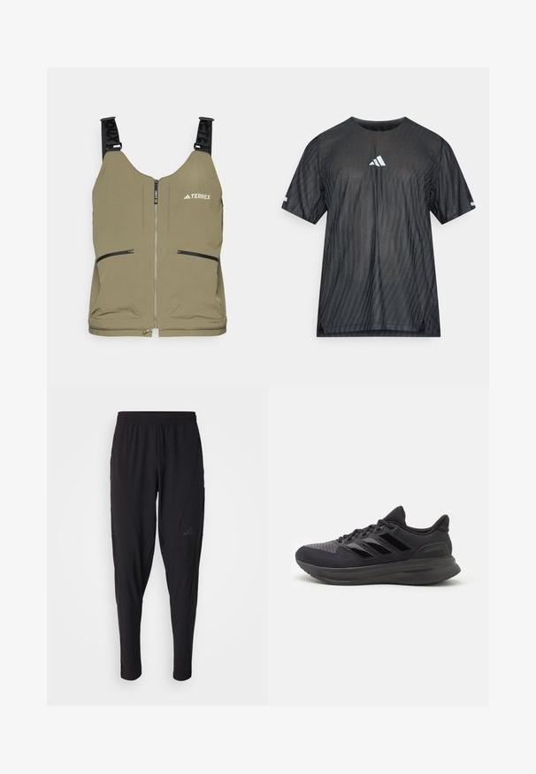 Olive green vest with zip closure, two side zip pockets, and adjustable black straps. Features "TERREX" logo on the upper left.; Black athletic t-shirt with short sleeves, featuring a textured diagonal stripe pattern and a white Adidas logo on the chest and sleeves.; Black athletic pants with an elastic waistband, tapered design, side pockets, and subtle logo detail. Made from flexible, breathable fabric.; Black athletic shoe with textured fabric upper, rubber sole, and three shiny black stripes on the side. Rounded toe and cushioned heel.