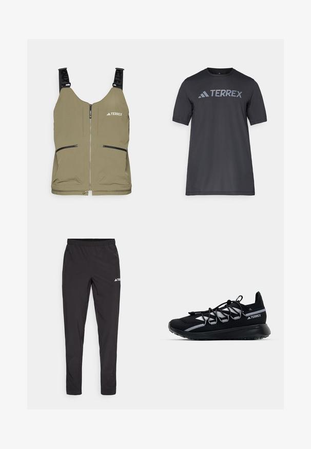 Oliiviroheline vest, millel on tõmblukk, kaks külgmist tõmblukuga taskut ja reguleeritavad mustad rihmad. Ülemises vasakus nurgas on "TERREX" logo.; Must musta t-särk, mis on valmistatud kergetest kangast, millel on kergehall "TERREX" logo rinnaeest ja ümar kaelus.; Mustad mustad dressipüksid elastse vöökoha, kahe külje tõmblukuga tasku ja logoga paremal ülemisel reitel. Sile ja kerge kangas.; Mustad mustus sportlik king, millel on võrgust pealmine osa, peegeldavad aktsendid, elastsed paelad ja tekstuuriga kummipõhi. Omab sujuvat disaini sooritamiseks.