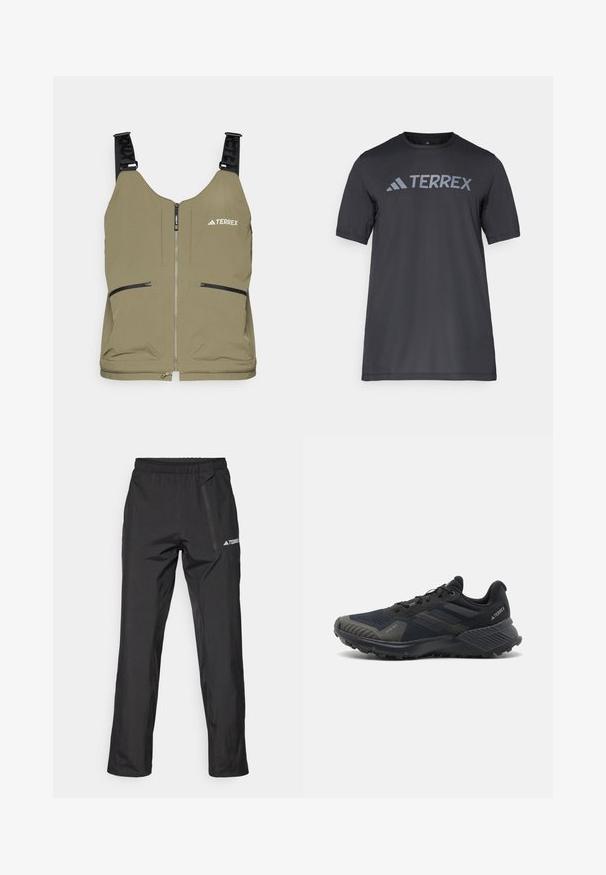 Olivgrüner Weste mit Reißverschluss, zwei seitlichen Reißverschlusstaschen und verstellbaren schwarzen Trägern. Mit "TERREX"-Logo auf der oberen linken Seite.; Schwarzes T-Shirt mit kurzen Ärmeln aus leichtem Stoff, mit einem hellgrauen "TERREX"-Logo auf der Brust und einem Rundhalsausschnitt.; Schwarze, leichte Outdoor-Hose mit elastischem Bund, Reißverschlusstaschen und gedrucktem Logo. Glatte Textur und gerade Beinführung.; Schwarze Sportschuhe mit einem strukturierten Mesh-Obermaterial, Gummisohle und auffälligen grauen Akzenten an der Zehe und den Seitenwänden. Verstärktes Fersendesign.
