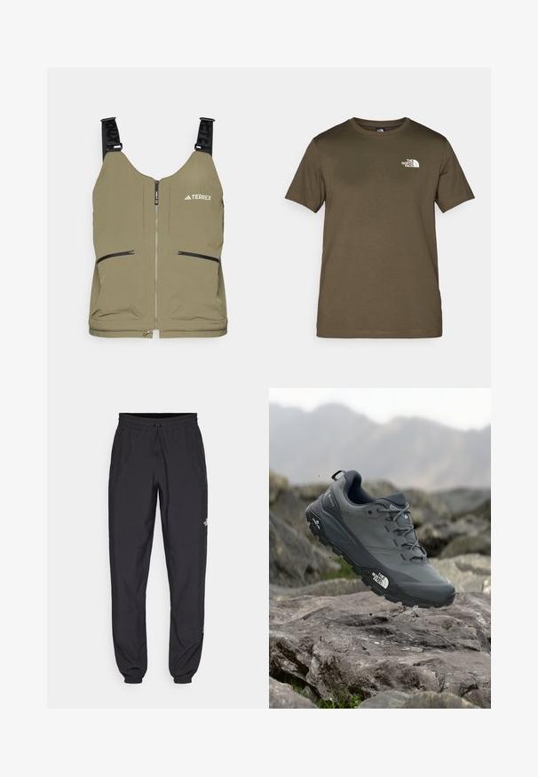 Olivgrüner Weste mit Reißverschluss, zwei seitlichen Reißverschlusstaschen und verstellbaren schwarzen Trägern. Mit "TERREX"-Logo auf der oberen linken Seite.; Olivegrünes Baumwoll-T-Shirt mit kurzen Ärmeln, Rundhalsausschnitt und einem weißen Logo auf der linken Brust. Glattes Stoffgefühl, normale Passform.; Schwarze Sporthosen aus leichtem Stoff, mit einem Kordelzugbund, seitlichen Taschen und schmal zulaufenden Bündchen an den Knöcheln.; Grau Trailrunning-Schuh mit einer strukturierten Oberseite, haltbarer Gummisohle und verstärkter Zehenkappe. Verfügt über Schnürsenkel und ein Markenlogo an der Seite.