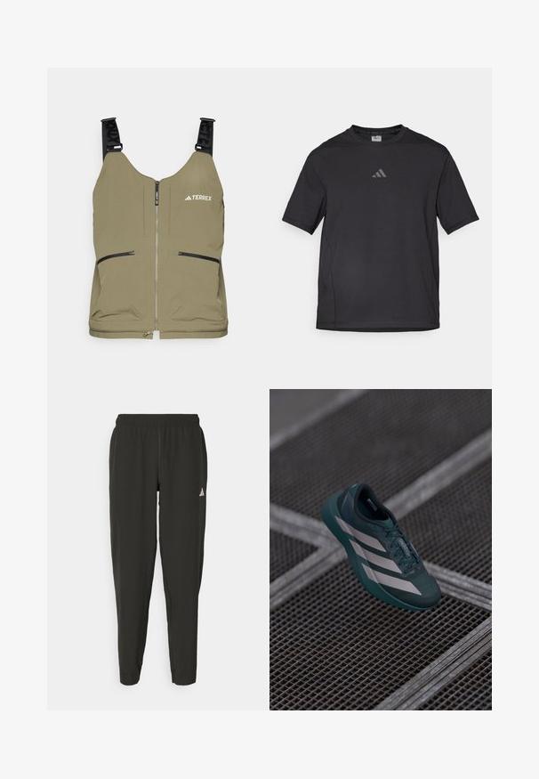 Olīvu zaļš veste ar rāvējslēdzēja aizdari, divām sānu kabatām ar rāvējslēdzēju un regulējamām melnām siksnām. Vestei ir "TERREX" logo augšējā kreisajā stūrī.; Melnā sporta T-krekls no elpojoša materiāla, ar īsām piedurknēm, apaļu apkakli un atstarojošu logotipu uz krūtīm.; Melnas sporta bikses ar elastīgu jostasvietu, pārslīdējošu piegriezumu un baltu logotipu uz kreisā kāja. Gluda, viegla auduma struktūra.; Tumši tējas krāsas sporta apavi ar teksturētu virsu, ar trim baltām svītrām, noapaļotu purngalu un mīkstu zoli.