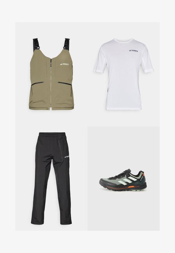 Oliiviroheline vest, millel on tõmblukk, kaks külgmist tõmblukuga taskut ja reguleeritavad mustad rihmad. Ülemises vasakus nurgas on "TERREX" logo.; Valge lühikeste varrukatega t-särk võrgust detailidega õlgade lähedal, rinnal tumesinisel "TERREX" logo. Pehme tekstuur, klassikaline lõige.; Mustad kergekaalulised välispüksid elastse vöökoha, tõmblukuga taskute ja trükitud logoga. Sile tekstuur ja sirge sääre lõige.; Kerge jalgsimatka jooksujalats halli ja mustavõrguga ülemise osaga, oranžide aktsentidega ning robustse väljastuse haardeks. Veekindel Gore-Tex vooder.