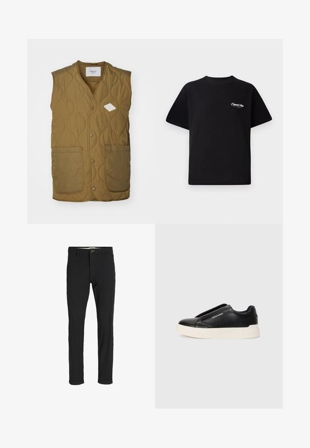 Dīvāne veste olīvzaļā krāsā ar dimanta formas logotipa uzlīmi, apaļu kakla izgriezumu, priekšējiem pogu aizdares mehānismiem un divām lielām priekšējām kabatām.; Melnas kokvilnas t-krekls ar apaļu kakla izgriezumu, īsām piedurknēm un maziem baltiem logotipa uzrakstiem kreisajā krūšu daļā. Vienkāršs dizains, klasiskā piegriezne.; Melnas kokvilnas maisījuma bikses ar šauru piegriezumu, ar pogu aizdari, kabatām un rullētām piedurknēm ikdienišķam izskatam.; Melna slip-on kedu ar teksturētu ādas augšdaļu, baltu gumijas zoli un bez redzamām šņorcēm. Uz sāna ir zīmola logo.