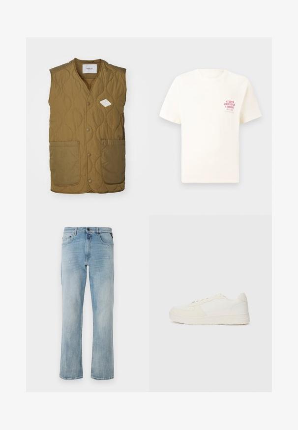 Quilted prsluk u maslinastoj boji s logom u obliku dijamanta, okruglim dekolteom, prednjim kopčanjem na dugmadi i dva velika prednja džepa.; Bijela kratka majica s kratkim rukavima s crvenim natpisom "Studio Originals Edition" na lijevoj strani grudi, prikazana na neutralnoj sivoj pozadini.; Svijetloplave traperice opuštenog kroja, s blagim ispucanim detaljima i klasičnim dizajnom s pet džepova.; Bijela tenisica s gornjom površinom od glatke kože i akcentima od antilopa. Ima perforirani nos, ravne vezice i gumeni potplat s teksturiranim detaljima.