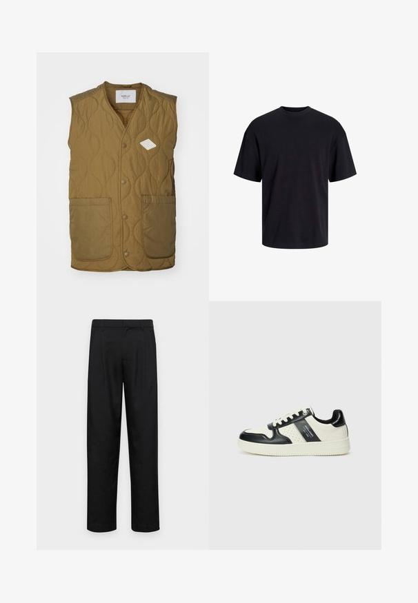 Quiltet vest i olivengrønn med et diamantformet logo-lapp, rund halslinning, frontknapper med trykknapp og to store lommer foran.; Svart bomull t-skjorte med rund hals, korte ermer og en avslappet passform. Glatt tekstur uten synlige mønstre eller detaljer.; Sorte bukser laget av glatt stoff, med rette ben, to frontfoldninger og standard liv med beltehemper.; Lædersneakers med sort og creme farveskema, der har perforerede detaljer, en polstret krave og en struktureret ydersål.