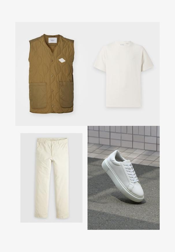 Quiltet vest i olivengrønn med et diamantformet logo-lapp, rund halslinning, frontknapper med trykknapp og to store lommer foran.; Hvit T-skjorte med kort erm i ribbestrikket tekstur. Rund hals, avslappet passform, ingen synlige mønstre eller detaljer. Enkelt og allsidig design.; Lys beige løse bukser med tre lommer, beltestropper og rett ben-design. Laget av et mykt bomullsblandingsstoff.; Hvit lær sneaker med glatt overflate, rund tå og flate hvite snøringer. Har en teksturert gummisåle og minimale design elementer.