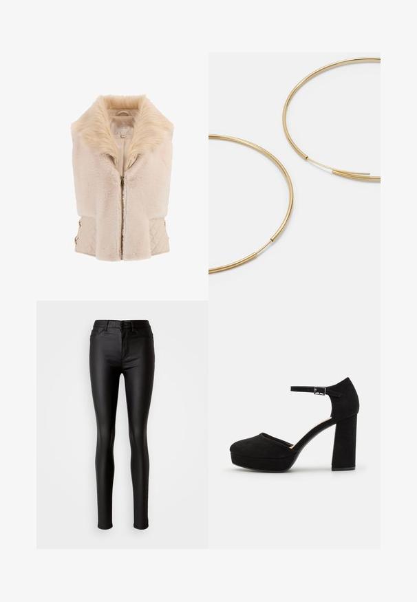 Tekoturkiskohva beige-värissä, pehmeällä kauluksella, vetoketjukiinnityksellä ja tikatuilla sivuilla, joissa on kultasävyiset hardware-yksityiskohdat. Pehmeä tekstuuri ja jämäkkä muoto.; Musta yksi olkapäätoppi, jossa on röyhelöinen läpikuultava päällyste kaula-aukossa, valmistettu kevyestä materiaalista, jossa on sileä rakenne.; Musta tekonahasta valmistetut kapeat farkut, joissa on sileä pinta, korkea vyötärö, nappisulku ja perinteinen viiden taskun muotoilu.; Mustat mokkanahkaiset korkokengät, joissa on paksu tukikorko, pyöreä kärki ja nilkkavöri, joka on kiinnitetty metallisella soljella. Pintakuvio on sileä.; Kultaiset rengaskorvakorut, ohuet ja pyöreät, joissa on sileä metallipinta ilman koristeluja tai kuvioita.; Mustavärinen nahkalompakko, jossa on käännettävä läppä, kultaiset yksityiskohdat ja logoakseli. Mukana irrotettava olkahihna kuljetusta varten.