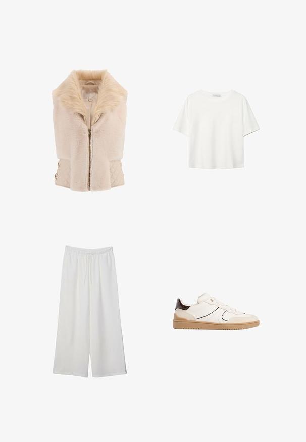 Kamizelka z sztucznego futra w beżowym kolorze, z pluszowym kołnierzem, zamek z przodu i pikowane boki z dodatkami w kolorze złotym. Miękka tekstura i wyraźny kształt.; Biała koszulka z krótkim rękawem, wykonana z bawełny. Posiada okrągły dekolt i luźny krój. Gładka faktura bez widocznych wzorów czy akcentów.; Białe szerokie spodnie wykonane z lekkiego materiału, z elastyczną talią i sznurkiem do regulacji fasonu. Gładka tekstura.; Stradivarius - Sneakersy niskie