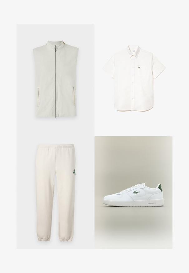 Lettvekts uten ermer vest i krem, med høy krage, frontglidelås og to sidelommer med subtle gyldne aksenter.; Kortermet hvit bomullsskjorte med krage som kneppes ned, med brystlomme og en liten grønn krokodillelogo på venstre side.; Lys beige joggebukser laget av bomull, med elastisk midje, ribbestrikkede mansjetter og en grønn logo med blader på venstre ben.; Hvite skinnsneakers med en glatt finish, grønne detaljer på hælen og en grønn logo på siden. Inkluderer flat såle og rund tå.