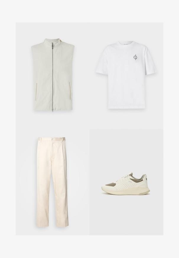 Lightweight sleeveless vest in cream, featuring a high collar, front zipper, and two side pockets with subtle golden accents.; White cotton t-shirt with a relaxed fit, featuring a small black graphic logo on the left chest area. Short sleeves, crew neck style.; Beige cotton trousers with a straight-leg cut, featuring a button closure and pleats at the front for added detail.; White and light beige athletic sneaker, featuring a mesh upper, perforated detailing, and a textured midsole with branding on the heel.