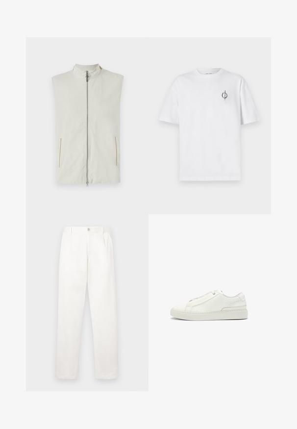 Leichtes ärmelloses Westchen in Creme mit hohem Kragen, Frontreißverschluss und zwei Seitentaschen mit dezenten goldenen Akzenten.; Weißes Baumwoll-T-Shirt mit lockerer Passform, das ein kleines schwarzes Grafiklogo auf der linken Brustseite aufweist. Kurze Ärmel, Rundhalsausschnitt.; Weiße Hose aus glattem Gewebe, mit geradem Bein, Vorderfalten und einem einzelnen Knopfverschluss an der Taille.; Weiße Leder-Sneaker mit strukturierter Oberseite, runder Zehenform, minimalistischem Design und Gummisohle mit gestickten Details.