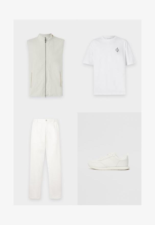 Colete leve sem mangas em creme, com um colarinho alto, fecho de correr à frente e dois bolsos laterais com subtis pormenores dourados.; Camisa de algodão branca com um corte relaxado, apresentando um pequeno logótipo gráfico preto na área do peito esquerdo. Mangas curtas, estilo de gola redonda.; Calças brancas feitas de um tecido suave, com um design de perna reta, pregas frontais e um fecho de botão único na cintura.; Sapatilha branca com parte superior em malha e sintético, bico arredondado, atacadores planos e uma faixa lateral texturizada. Sola em borracha com uma alça na parte de trás.
