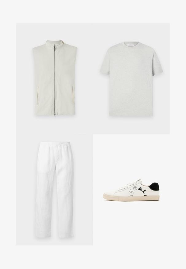 Könnyű, ujjatlan krémszínű mellény, magas gallérral, elülső cipzárral és két oldalsó zsebbel, finom arany részletekkel.; Világosszürke, rövid ujjú póló, puha anyagból készült, kerek nyakkivágással és laza szabással, látható minták vagy díszítések nélkül.; Fehér lenvászon nadrág, rugalmas derékpánttal, egyenes szárú szabással és lágy tapintású anyaggal, minták vagy látható díszítőelemek nélkül.; Fehér bőr sportcipő fekete kiegészítőkkel a sarkán, élénk fekete felirattal az oldalon és gumitalppal. Minimalista dizájn.