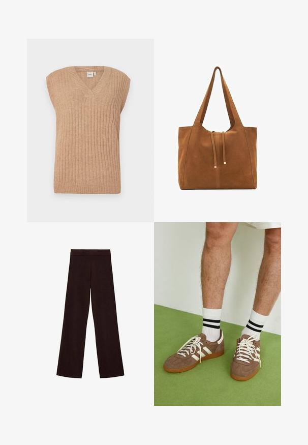 Vest tricotat bej fără mâneci, cu decolteu în V, având o textură cu nervuri verticale și o croială lejeră. Confecționat dintr-un material moale și ușor.; Cardigan galben tricotat, cu decolteu în V, mâneci lungi tip balon și embellishe-uri asemănătoare cu perlele pe umeri. Închidere frontală cu cinci nasturi.; Pulover fără mâneci, de culoare maro închis, realizat dintr-un material moale și texturat. Dispune de un gât rotund și margini din tricot la orificiile pentru brațe și la margine.; Pantaloni largi maro, confecționați dintr-un material moale, având un tiv lat și o textură netedă, fără modele vizibile sau accesorii metalice.; Adidași maro din suede cu accente și șireturi albe. Talpă din cauciuc de culoare caramel. Purtați cu șosete albe cu dungi negre. Pardoseală verde texturată.; Geantă tote din suede maro, cu o deschidere largă, fâșii elongate și închidere cu șnur, având accente metalice. Textură netedă, cu cusături minime.