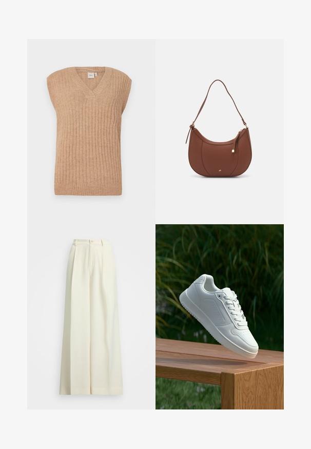 Beige, ujj nélküli kötött mellény V-nyakkivágással, függőleges bordázott textúrával és laza szabással. Puha, könnyű anyagból készült.; Krém színű, kábelmintás pulóver mély V-nyakkal, tengerészkék flittercsíkokkal díszítve a galléron és az ujjakon. Hosszú ujjak bordázott passzéval.; Széles szárú, natúrfehér anyagú nadrág, magas derékkal, dupla redőkkel és gombos záródással. Sima textúra és igényes szabás.; Fehér sportcipő sima szintetikus felsőrésszel, perforált lábujjrész, lapos fűzőkkel és texturált talppal, fából készült felületen kihelyezve.; Barna műbőr válltáska ívelt formával, minimális varrással és arany színű kiegészítőkkel. Jellemzője a felső cipzáras záródás és állítható pánt.