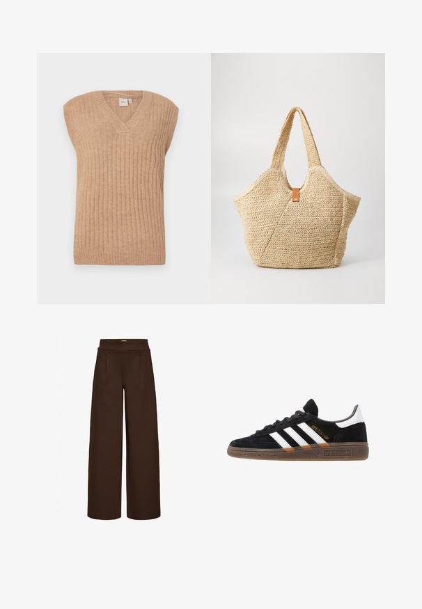 Bež värviga ilma varrukateta kudum vest V-kaelusega, millel on vertikaalne sooniktekstuur ja lõdvem istuvus. Valmistatud pehmest, kergest materjalist.; Tumepruun ujumisriietus, millel on kokku volditud kangast disain, keeratud aktsent ja kuldse tooni metalldetailid. Sile tekstuur.; Pruunid laiade jalgadega püksid, mis on valmistatud siledast kangast, kõrge vöökoht ja kaks esistarti, loodud mugavaks istuvuseks.; Mustad must Adidas'i sneaker valgete triipudega, kuldse "Spezial" tekstiga, kummi tallaga ja valge kontsaga, kujutatud külgvaates.; Suur õlgkott, millel on tekstureeritud beež välimus ja kaks laia sang. Omab nahast kaunistusrihma sulgemiseks.