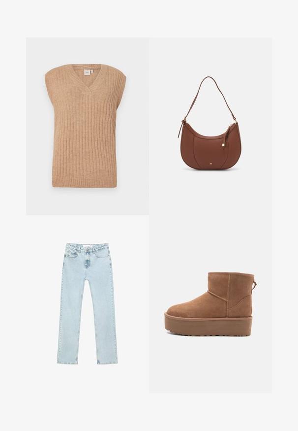 Béžový bezrukávový pletený sveter s V-výstrihom, so zvislou rebrovanou textúrou a voľným strihom. Vyrobený z mäkkého, ľahkého materiálu.; Jednoduché biele tričko vyrobené z bavlny s okrúhlym výstrihom, krátkymi rukávmi a voľným strihom. Hladká textura bez vzorov alebo akcentov.; Svetlomodré rovné džínsy vyrobené z denimu. Majú predné vrecká, zips s gombíkom a viditeľné švy pozdĺž okrajov.; Hnedé semišové členkové čižmy s platformou, okrúhlou špičkou a zdobením stehov; majú slučku zozadu pre jednoduché obúvanie.; Hnedá umelá kožená taška cez rameno s zakriveným tvarom, minimalistickým šitím a zlatými akcentami. Obsahuje zips na vrchu a nastaviteľný popruh.