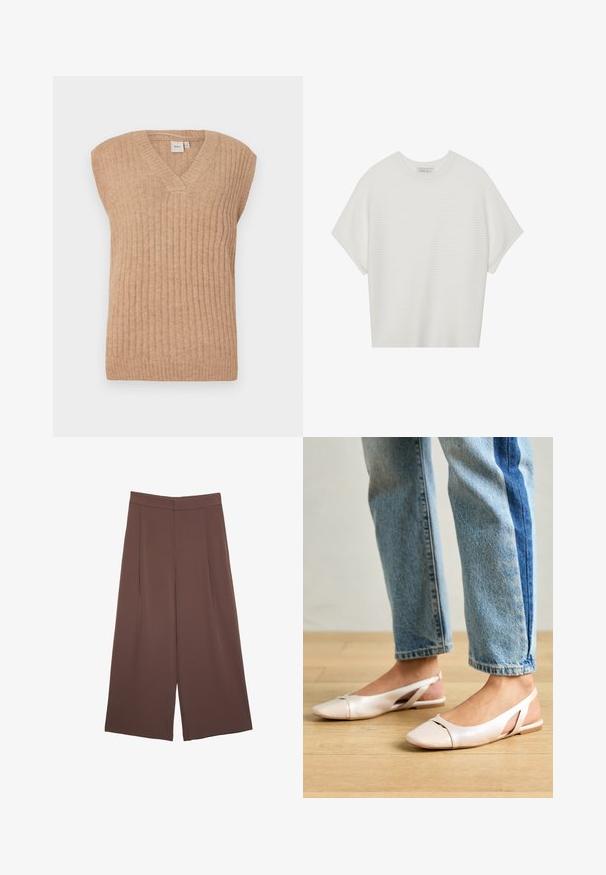 Beige ærmeløs strikvest med V-hals, der har lodrette ribbede detaljer og en afslappet pasform. Lavet af blødt, let materiale.; Hvid kortærmet t-shirt med en bred rund hals og struktureret ribbet mønster, lavet af blødt stof, med en afslappet pasform og et enkelt design.; Brune bredbunde bukser med en glat tekstur, der har høj talje og plisseringer foran. Stoffet er let og falder løst.; Lyserøde slingback flade sko med spidse tær, lavet af et glat læderlignende materiale. Har udskæringsdetaljer på siderne og en flad hæl.