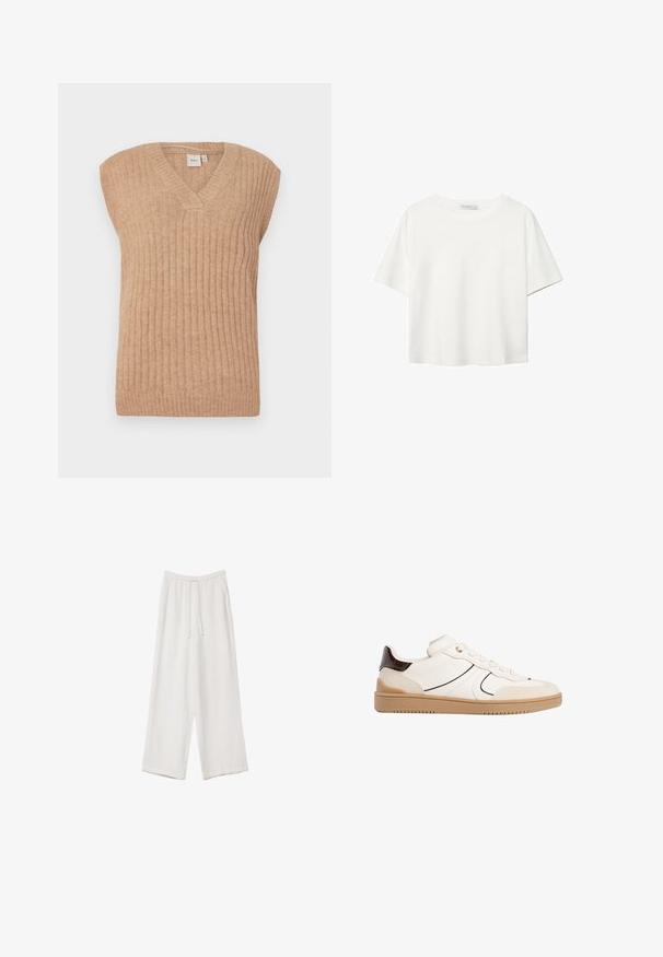 Beige ærmeløs strikvest med V-hals, der har lodrette ribbede detaljer og en afslappet pasform. Lavet af blødt, let materiale.; Hvid kortærmet t-shirt lavet af bomuld. Har en rund halsudskæring og en afslappet pasform. Glat tekstur uden synlige mønstre eller detaljer.; Hvide bukser med bred benlængde lavet af et letvægtsstof. Har et elastisk talje med snor og sidelommer. Glat tekstur.; Stradivarius Sneakers - white