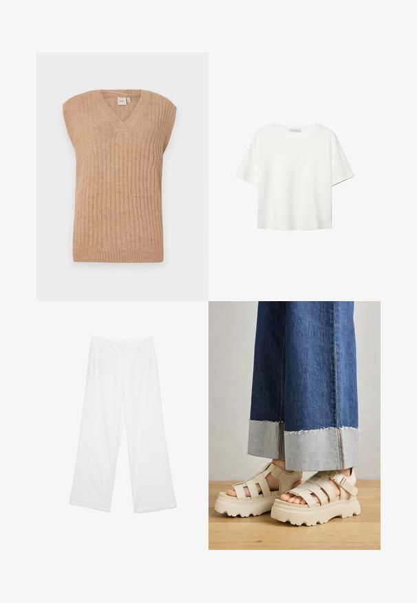 Beige mouwloos gebreid vest met een V-hals, voorzien van een verticale ribbelstructuur en een losse pasvorm. Gemaakt van zacht, lichtgewicht materiaal.; Witte korte mouwen t-shirt van katoen. Heeft een ronde halslijn en een ontspannen pasvorm. Glad textuur zonder zichtbare patronen of accenten.; Wijduitlopende broeken van witte stof, met een gladde textuur, zijzakken en een klassieke tailleband met riemlussen.; Beige platform sandalen met dikke zolen hebben een gestructureerd ontwerp en verstelbare enkelriemen. Gecombineerd met brede denim broeken, waarvan één zoom is geverfd.