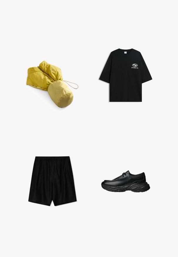 Żółta ocieplana kurtka z talią ściągniętą i kapturem. Charakteryzuje się gładką teksturą, eleganckim wyglądem oraz elastycznym sznurkiem ściągającym przy dolnej krawędzi.; Czarna, oversize bawełniana koszulka z okrągłym dekoltem i krótkimi rękawami, z białym logo "Shibuya" nadrukowanym na przodzie.; Czarne szorty z elastycznym pasem, dwiema bocznymi kieszeniami i luźnym krojem. Wykonane z miękkiego materiału o gładkiej teksturze.; Czarne skórzane buty wsuwane z okrągłym noskiem i grubą, teksturowaną gumową podeszwą. Posiadają subtelne przeszycia oraz elastyczne akcenty na kołnierzu.