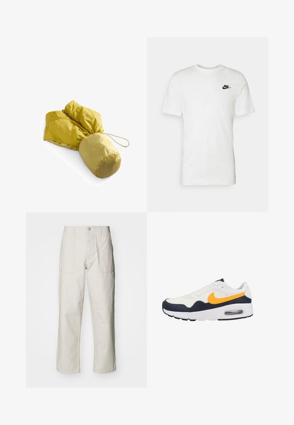 Gelbe isolierte Jacke mit tailliertem Schnitt und Kapuze. Verfügt über eine glatte Textur, ein elegantes Design und einen elastischen Kordelzug am Saum.; Weißes Baumwoll-T-Shirt mit kurzen Ärmeln, rundem Halsausschnitt und einem schwarzen Nike-Logo auf der linken Brust. Glatte Textur und klassische Passform.; Helle beige weit geschnittene Hose aus Baumwolle. Verfügt über Fronttaschen und einen Knopfverschluss. Glatte Textur mit dezenten vertikalen Streifen.; Nike Sportswear AIR MAX SNEAKER - Sneaker low - white thunder blue racer pink laser orange hf