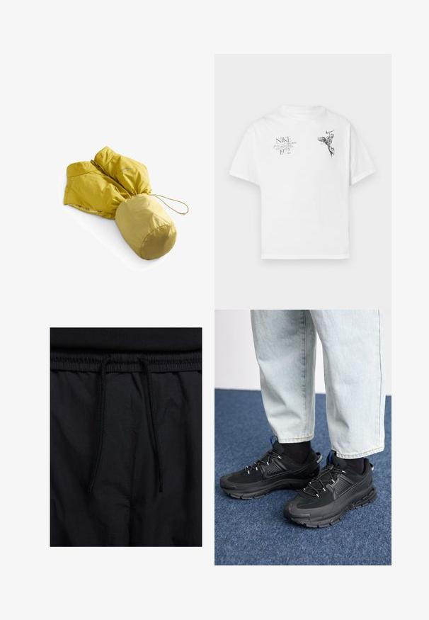 Gul isolert jakke med innsnevret midje og hette. Har en glatt tekstur, moderne design og elastisk snor i kanten.; Hvit bomull t-skjorte med svart grafisk trykk av en bevinget figur og tekst, med rund hals og korte ermer.; Sorte shorts med snor i livet, lett stoff med en jevn tekstur, og et enkelt design uten synlige logoer eller mønstre.; Svarte sportssko med teksturert stoff og gummisåler, med elastiske lisser og en blå detalj på hælen. Brukt med lyse denimbukser.