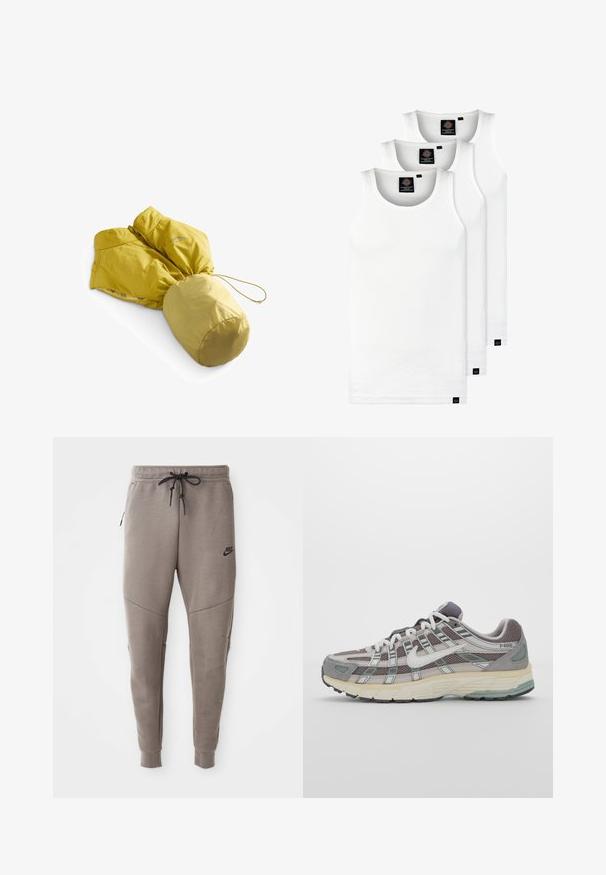 Geel geïsoleerde jas met een tailleband en capuchon. Kenmerkt zich door een soepele textuur, strakke ontwerp en een elastische trekkoord aan de onderkant.; Drie witte geribde tanktops van katoen. Kenmerken zijn een ronde hals en kleine zwarte labels nabij de zoom. Verkrijgbaar in meerdere maten.; Grijze Nike-sweatpants met een verstelbare tailleband, taps toelopende benen, zijzakken en opvallende naaddetails. Zachte, gestructureerde stof.; Grijze sportieve schoen met een bovenwerk van mesh en suede, witte accenten, een gevoerde zool en een onderscheidend ontwerp met reflecterende elementen.