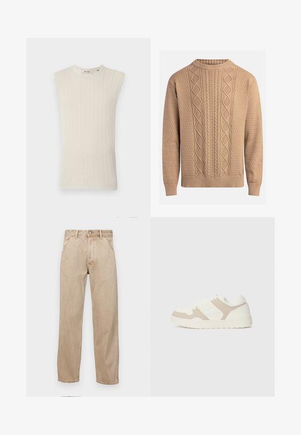 Top fără mâneci de culoare bej deschis, cu model cu nervuri, având un guler rotund și un material texturat, cu un design minim și ajustat.; Pulover tricotat de culoare bej, cu modele texturate. Prezintă un guler rotund, mansete ribbate și diverse modele de tricotaj în cablu pe partea din față.; Jeans din denim bej cu un design drept, care prezintă buzunare frontale, închidere cu buton metalic și o textură subtilă.; Adidași albi și bej, cu o combinație de texturi netede și din suede, vârf rotund, închidere cu șireturi și talpă plată din cauciuc.