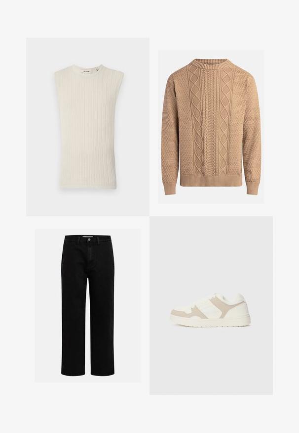 Bezramenný světle béžový pletený top s kulatým výstřihem a texturovanou látkou, s minimalistickým a přiléhavým střihem.; Beige pletený svetr s texturovanými vzory. Má kulatý výstřih, žebrované manžety a různorodé kabelkové pletené vzory na přední straně.; Černé džíny s rovnými nohavicemi, klasickým pětipocketovým designem a knoflíkovým zapínáním v pase. Hladká textura a odolná látka.; Bílo-beige tenisky s kombinací hladkého a semišového materiálu, kulatou špičkou, šněrováním a plochou gumovou podešví.