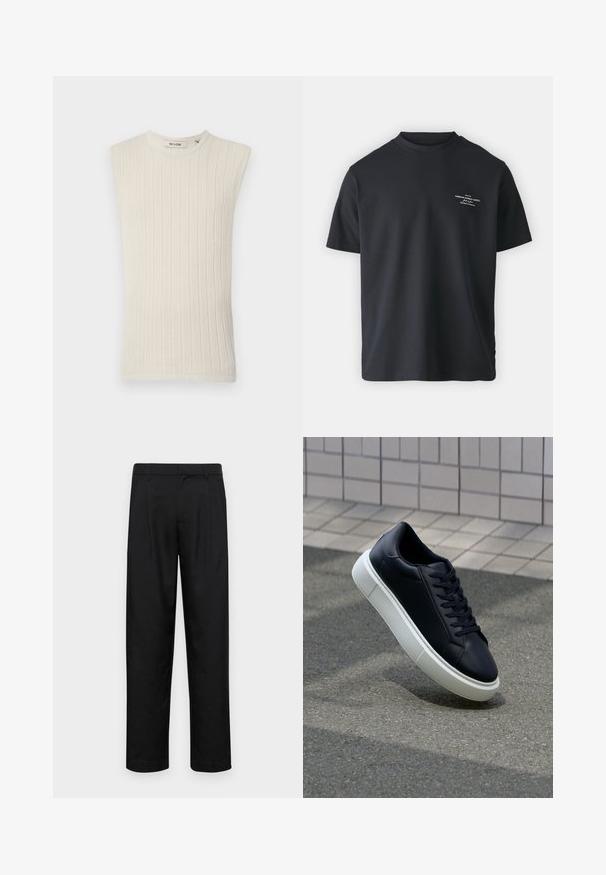 Majica brez rokavov v svetlo bež barvi, rebraste pletenine, z okroglim izrezom in teksturirano tkanino, ki ima minimalističen in prilegan model.; Črna bombažna majica s krožnim izrezom, kratkimi rokavi in majhnim belim tiskom spredaj, ki se ponaša z udobnim krojem in gladko teksturo.; Črne hlače iz gladkega materiala, s krojem ravne noge, dvema sprednjima pregiboma in standardnim pasom z zankami za pas.; Črne usnjene superge z zaobljenim prstom in belim gumijastim podplat. Imajo ravne vezalke in minimalno šivanje na zgornjem delu. Teksturirani podplat za oprijem.
