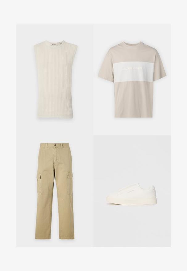 Sleeveless light beige ribbed knit top with a round neckline and textured fabric, featuring a minimal and fitted design.; Beige cotton t-shirt featuring a white horizontal panel with "JACK & JONES ESSENTIALS WORLDWIDE" text in embossed lettering. Short sleeves.; Beige cargo pants made of cotton, featuring two side pockets, a button closure, and straight legs with a slightly textured fabric.; White slip-on sneakers with a textured surface, a thick sole, and minimalistic design. Features brand logo on the side.