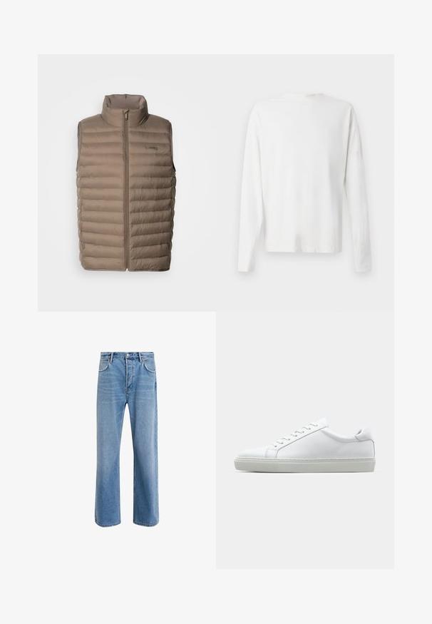 Beige gepolsterte Weste mit hohem Kragen, Reißverschluss, horizontalem Steppmuster und Logotag. Leichter Stoff, glatte Textur.; Langärmliges weißes Baumwollhemd mit rundem Ausschnitt, seitlichen Schlitzen am unteren Rand und glatter Textur, von hinten präsentiert.; Helle blaue Jeans im Geradeschnitt-Design, mit fünf Taschen, Knopfverschluss, minimaler Ausbleichung und kontrastierenden Nähdetails.; Weißer Sneaker mit glattem Lederobermaterial und niedrigem Profil. Verfügt über eine runde Zehenpartie, sechs Ösen und eine strukturierte Gummisohle.
