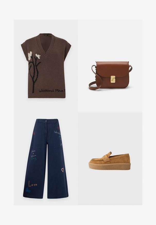 Jersey sin mangas marrón con escote en V, con diseño floral negro y texto "Weekend Max Mara" en el dobladillo. Acabados de canalé.; Suéter de punto marrón con cuello alto de canalé, hombros caídos y puños y dobladillo de canalé. Textura suave con un ajuste relajado.; Pantalones de pierna ancha en color azul marino, confeccionados en algodón y con múltiples bolsillos. Presentan un colorido bordado de texto y gráficos, incluyendo corazones y frases divertidas.; Mocasín de ante marrón con punta redonda, presentado con una suela de plataforma estriada y una cinta decorativa en la parte superior.; Bolso de mano de cuero marrón con cierre de solapa, herrajes en tono dorado, correa para el hombro y una textura suave. Forma rectangular compacta.