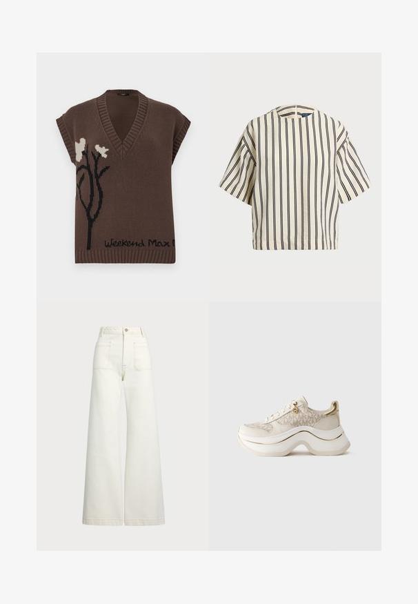 Braun gestrickter ärmelloser Pullover mit V-Ausschnitt, der ein schwarzes Blumenmuster und den Text "Weekend Max Mara" am Saum aufweist. Rippdetails.; Kurzärmliges, gestreiftes Oberteil in Creme und Marineblau, mit rundem Halsausschnitt und kastiger Form aus strukturiertem Stoff.; Weite Jeans aus off-white Denim. Hoch tailliertes Design mit Knopfverschluss, zwei Fronttaschen und kontrastierenden Stickdetails.; Beige und goldene Plattform-Sneaker mit "MK"-Muster, Schnürung, goldenem Charm und dicker, gewellter Sohle vor einfarbigem Hintergrund.