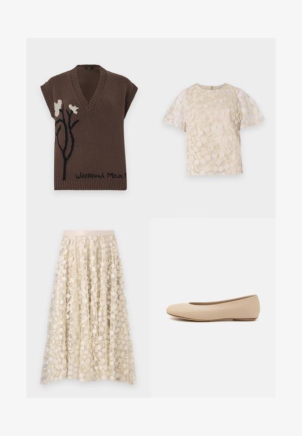 Brown knitted sleeveless sweater with a V-neck, featuring black floral design and "Weekend Max Mara" text at the hem. Ribbed accents.; Beige blouse with floral embroidery, sheer puff sleeves, round neckline, and back zipper closure. Textured floral pattern on front panel.; Floral embroidery on a sheer, cream-colored skirt with a satin waistband. The design features small, delicate flowers and leaves.; Beige leather ballet flat with rounded toe, minimal seam detailing, low heel, and subtle logo on the back. Smooth, matte texture.