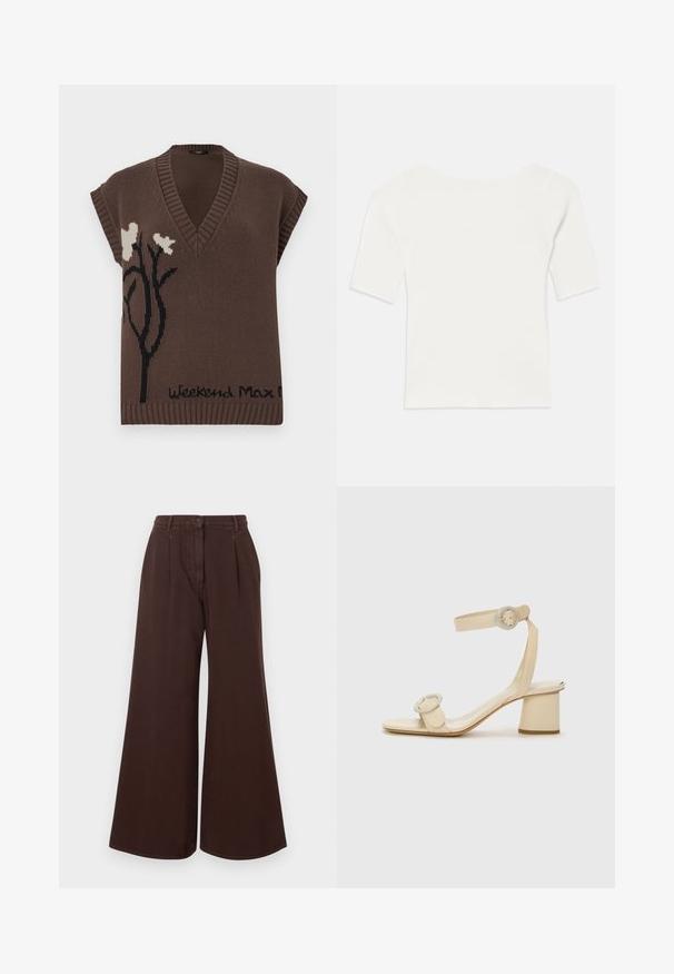 Hnedý pletený sveter bez rukávov s výstrihom do V, ktorý má čierny kvetinový vzor a text "Weekend Max Mara" na spodnom leme. S rebrovanými detailmi.; Biely rebrovaný krátky rukáv s širokým výstrihom. Textúra má vertikálne pruhy, čo zvýrazňuje priliehavý strih a jednoduchý dizajn.; Hnedé nohavice so širokými nohavicami a vysokým pásom, so zapínaním na gombík a zips, pútkami na opasok a prednými skladmi.; Béžové sandále na vysokom podpätku s minimalistickým dizajnom, zdobené dvoma kruhovými akcentmi a masívnym podpätkom. Vyrobené z hladkej kože.