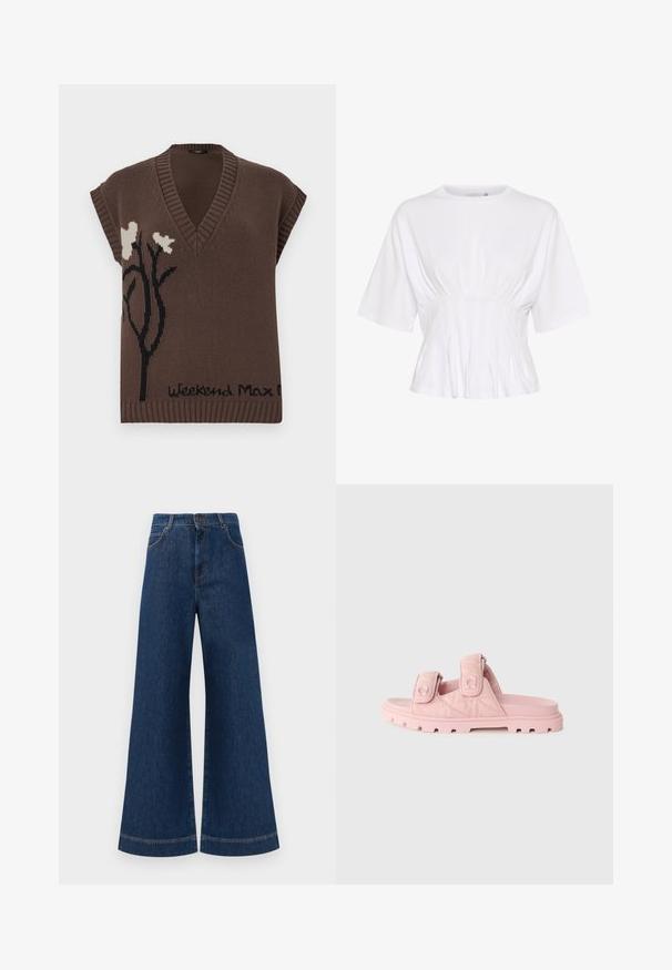 Hnedý pletený sveter bez rukávov s výstrihom do V, ktorý má čierny kvetinový vzor a text "Weekend Max Mara" na spodnom leme. S rebrovanými detailmi.; Biela blúzka s krátkym rukávom vyrobená z mäkkej látky, s okrúhlym výstrihom a zhluky látky v oblasti pásu pre štíhly vzhľad.; Modré denimové nohavice so širokými nohavicami a vysokým pásom, ktoré majú gombíkový zapínanie, pútka na opasok a jemné švy pozdĺž vreciek a lemov.; Ružové šľapky so sladkými dvoma nastaviteľnými suchými zipsami, textilným zvrškom a robustnou, hrubou podrážkou s hlbokými drážkami.