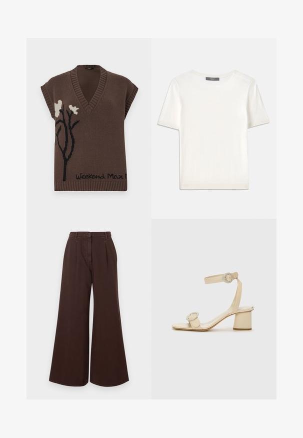 Bruine gebreide mouwloze trui met V-hals, voorzien van een zwart bloemmotief en de tekst "Weekend Max Mara" aan de zoom. Geribbelde accenten.; Witte gebreide top met korte mouwen en een ronde halslijn, met een gladde textuur en subtiele ribgebreide accenten bij de mouwen en de zoom.; Hoge taille, wijde bruine broek met knoop- en ritssluiting, riemlussen en voorplooien.; Beige hoge hakken sandalen met een minimalistisch ontwerp, voorzien van twee ronde accenten en een chunky hak. Gemaakt van soepel leer.