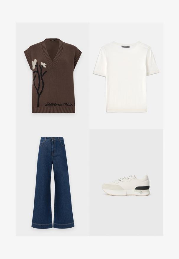 Brun strikket ermeløs genser med V-hals, med svart blomsterdesign og "Weekend Max Mara"-tekst nederst. Ribbestrikkede detaljer.; Hvit kortermet strikket topp med rund hals, med en glatt tekstur og subtile ribbede detaljer på ermer og kant.; Bredde ben blå denim bukser med høy midje, med en knappeåpning, beltehemper og subtile sømdetaljer langs lommer og sømmer.; Hvite sneakers med en teksturert ser ut som en suede tåhette, glatt mesh-overdel, dekorative snørebånd og en svart gummihælaccent.