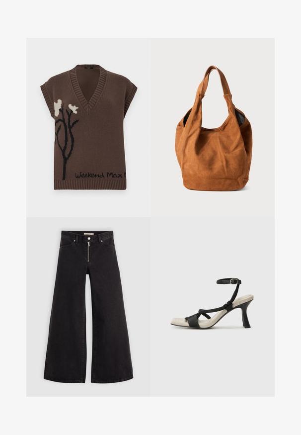 Pull sans manches en tricot marron avec un décolleté en V, présentant un motif floral noir et le texte "Weekend Max Mara" à l'ourlet. Détails côtelés.; T-shirt blanc à manches courtes en coton avec un col ras du cou. Texture lisse et coupe droite, sans motifs ni accents.; Jean large en denim noir avec une fermeture éclair à l'avant, un design à cinq poches et des détails de couture subtils. Texture lisse et style décontracté.; Sandale à talon noir avec un design de brides tressées, bout carré et bride de cheville réglable. Semelle intérieure beige claire avec un talon noir brillant.; Sac à épaule en daim brun avec une texture douce, une forme incurvée et deux poignées. Il présente un design minimaliste sans matériel ou accents visibles.