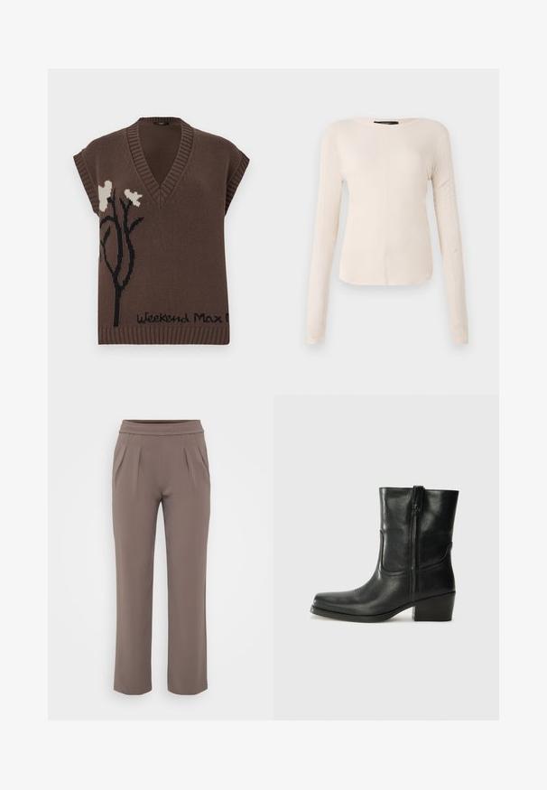 Brūns adīts bez piedurknēm džemperis ar V veida kaklu, ar melnu ziedu rakstu un "Weekend Max Mara" tekstu apakšmalā. Ribota apdare.; Ilgi piedurkņu, gaiši bēšas krāsas blūze ar apaļu dekoltē. Izgatavota no mīksta auduma, ar centrālo šuvi un nedaudz izliekta apakšmala. Nav redzamu papildus elementu.; Taurī šūšanas brīvās formas bikses ar elastīgu jostasvietu un priekšējiem krokām, izgatavotas no gludas auduma.; Melna ādas potīte ar noapaļotu purngalu, bloku papēdi, sānu rāvējslēdzēju un šuvju akcentiem uz virsmas. Gluda tekstūra, klasiskā dizaina.