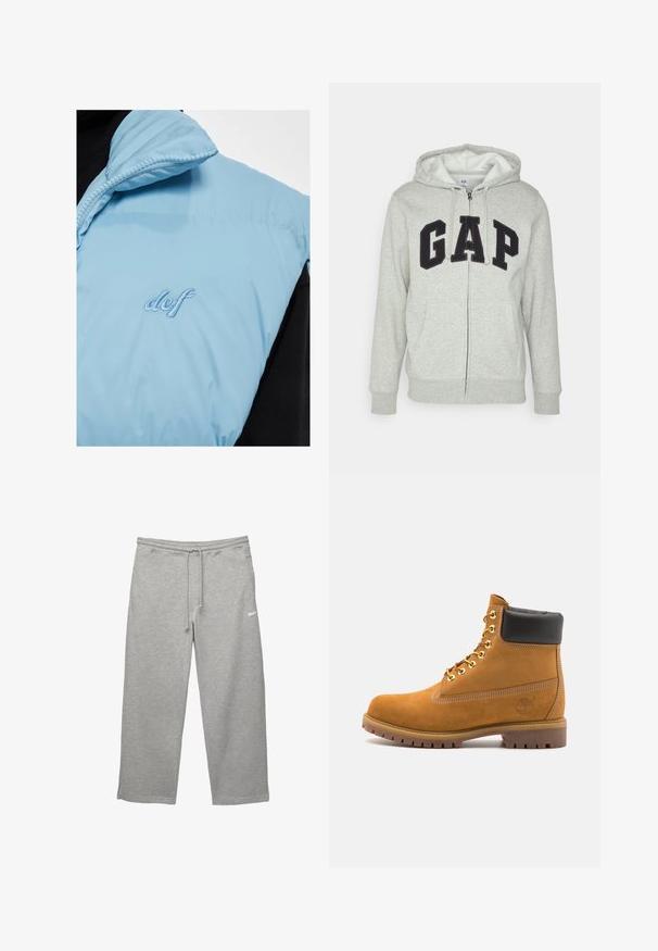 Svetlomodrá zateplená vesta s golierom na zips, s vyšitým logom "def" v jemnom modrom odtieni, spárovaná s čiernym oblečením pod ňou.; Sivá mikina na zips s prednou klokankou, s čiernym logom "GAP". Mäkká tkanina a nastaviteľná kapucňa so šnúrkou.; Biela tričko s krátkym rukávom vyrobené z bavlny, s okrúhlym výstrihom a voľným strihom. Hladká textúra, bez viditeľných vzorov alebo akcentov.; Sivé tepláky vyrobené z mäkkej tkaniny s elastickým pásom, nastaviteľnou šnúrkou v páse a bočnými vreckami. Obsahujú malé biele logo.; Tyrkysové semišové členkové topánky s čiernym polstrovaným golierom, zlatými kovovými očkami, bielym prešívaním a robustnou gumovou podrážkou s výraznými drážkami.