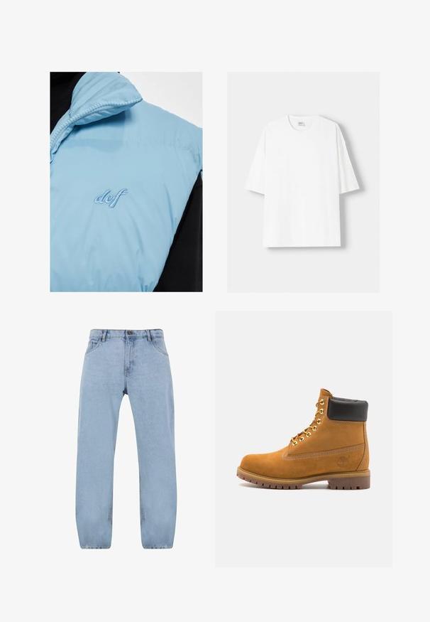 Lysblå puffervest med en lynlåskrave, prydet med broderet "def"-logo i blødt blå, kombineret med et sort tøj under.; Hvid kortærmet T-shirt lavet af bomuld, med rund halsudskæring og en afslappet pasform. Glat tekstur, uden synlige mønstre eller detaljer.; Lys blå denimjeans med et lige ben-design, der har fire lommer, en lynlås og detaljer i gul syning.; Tan nubuck ankelstøvle med sort polstret krave, gyldne metaløjer, hvid syning detaljer og robust gummisål med udtalte slidbaner.